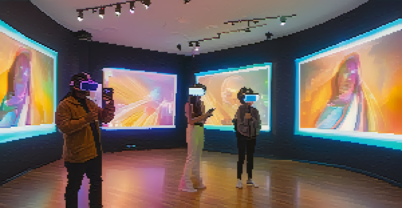 A virtual gallery with 3D NFT art pieces and viewers in VR headsets interacting with the artwork.