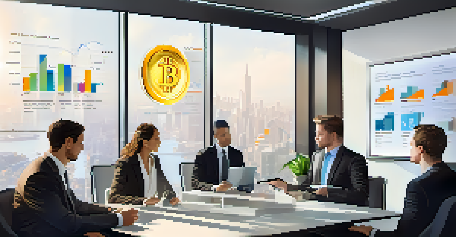 A group of diverse asset managers discussing cryptocurrency data around a digital tablet in a modern office.