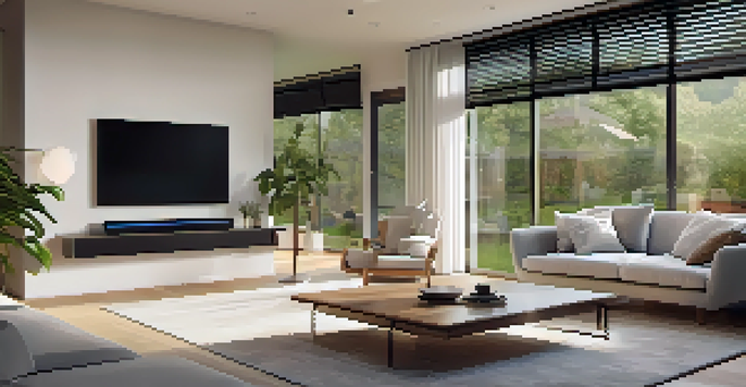 A modern living room with IoT devices including a smart thermostat, automated lights, and a smart speaker, set in a bright and welcoming environment.