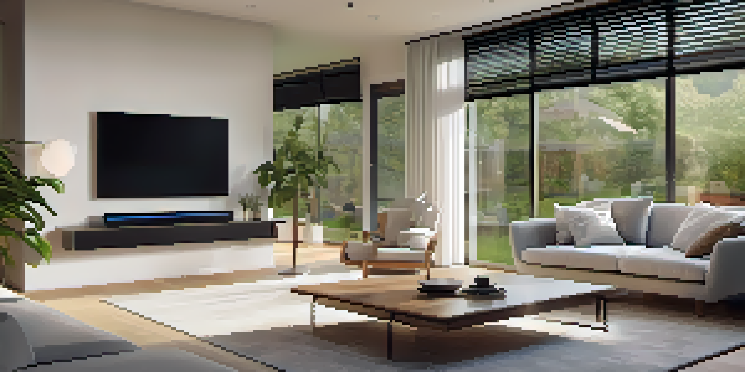 A modern living room with IoT devices including a smart thermostat, automated lights, and a smart speaker, set in a bright and welcoming environment.
