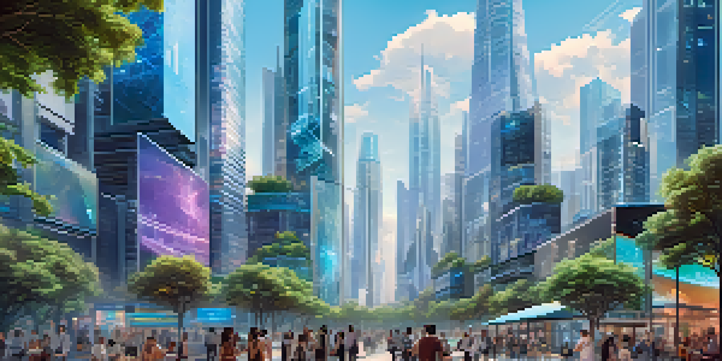 A vibrant futuristic city with skyscrapers displaying blockchain data and people interacting with holographic technology.