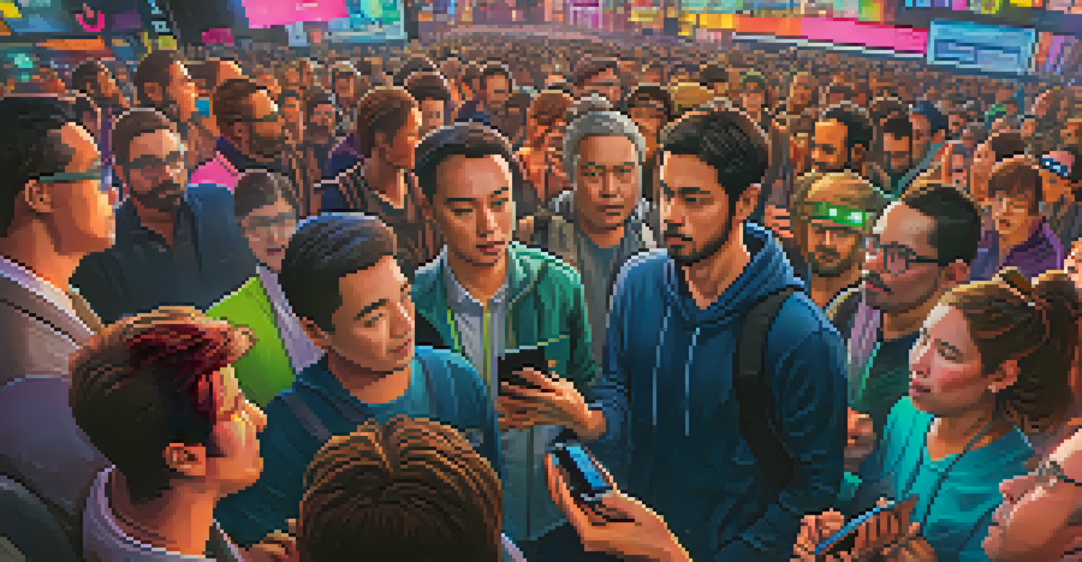 A digital artwork showing a crowd of traders reacting to a soaring cryptocurrency price on a smartphone, set in a vibrant urban scene.