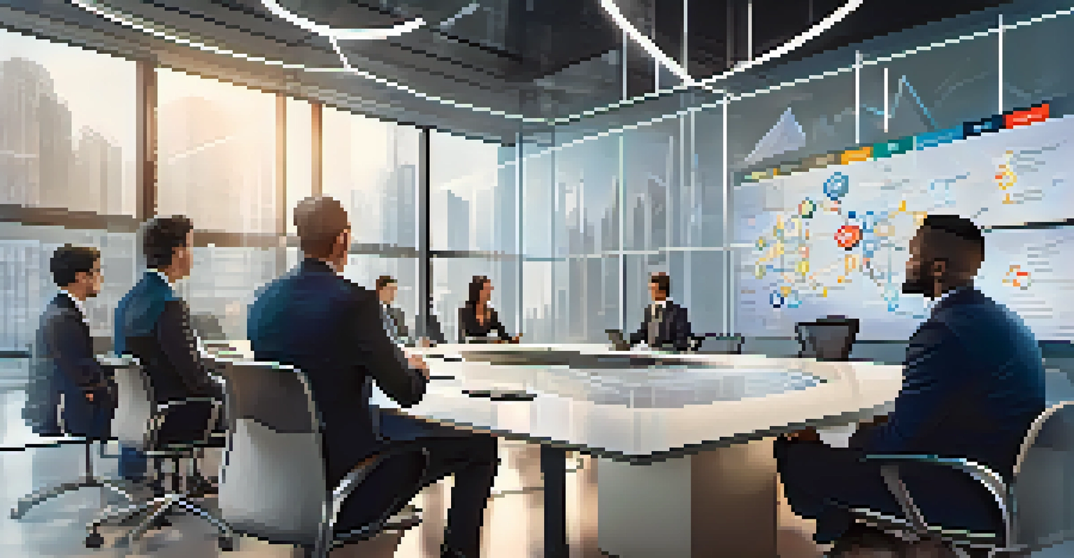 Diverse business professionals in a conference room discussing supply chain strategies, with a screen showing blockchain technology.