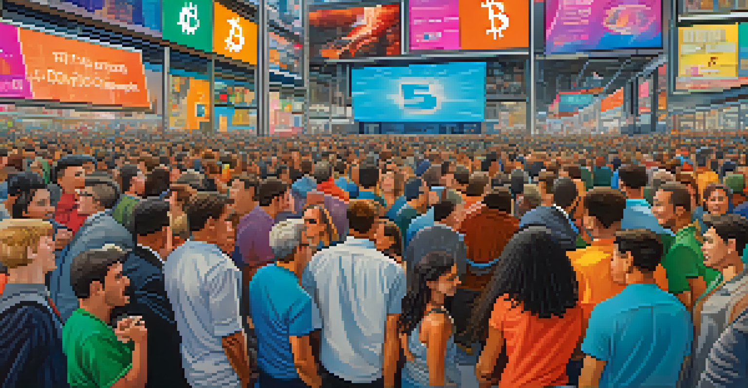 A crowd of diverse people with different expressions around a digital screen showing cryptocurrency news headlines.
