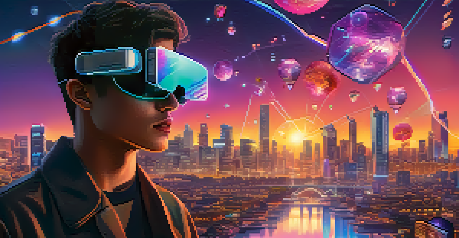 A person wearing augmented reality glasses interacting with floating holographic NFTs in a futuristic city skyline at dusk.