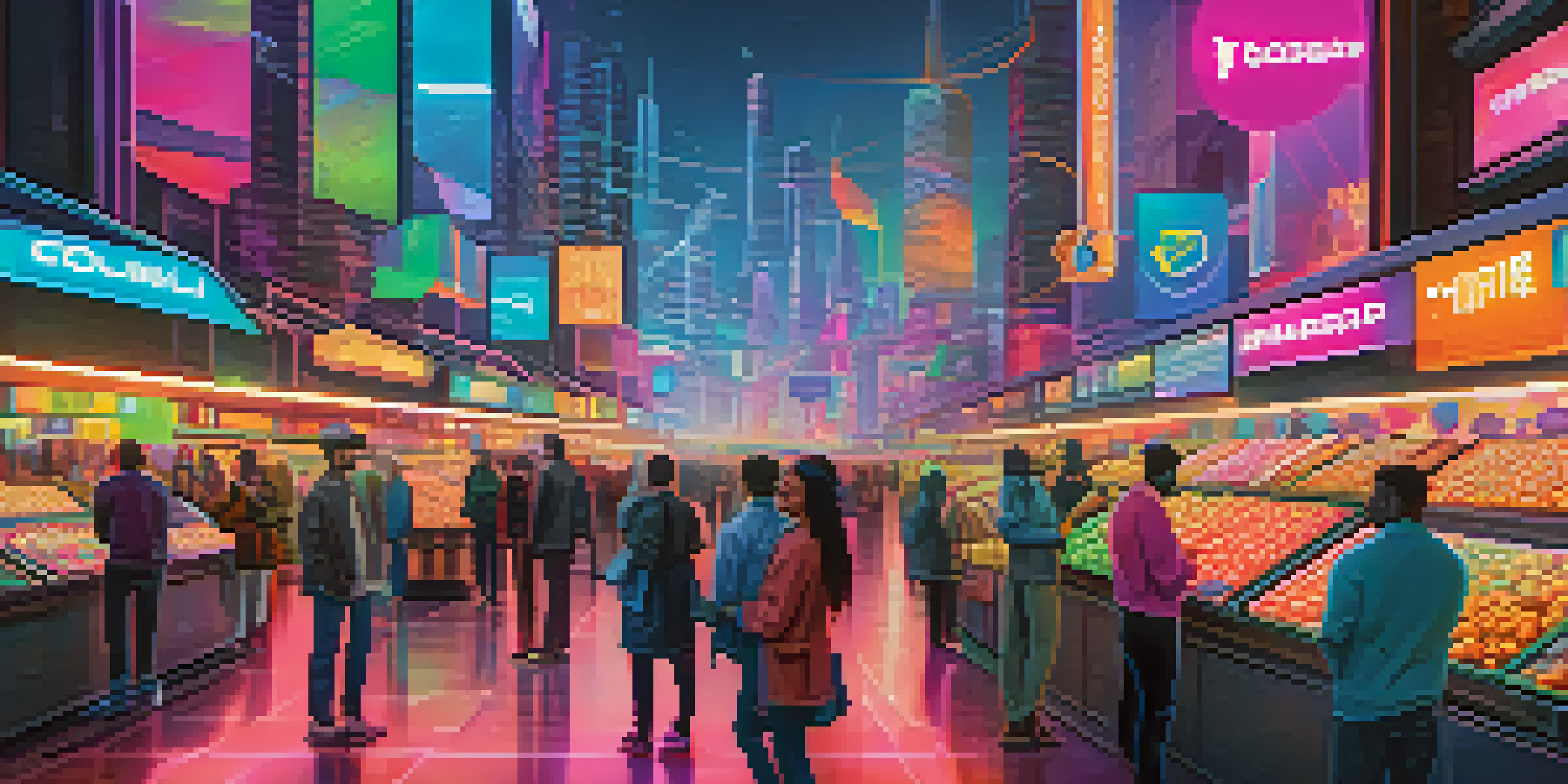 A futuristic marketplace with colorful abstract shapes representing utility tokens and a city skyline in the background, illuminated with neon lights.