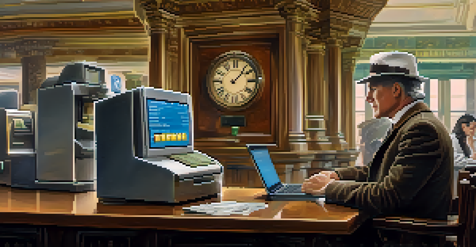 A split image comparing a traditional bank with a digital transaction on a laptop, highlighting the difference in speed and convenience.