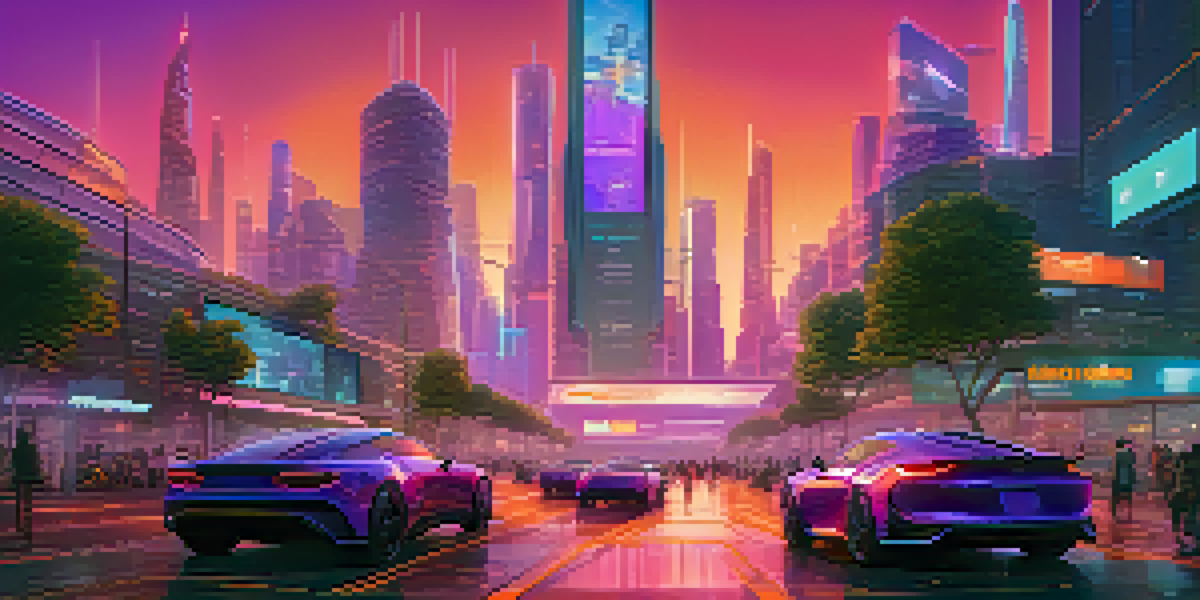 A vibrant futuristic city at dusk with neon lights, flying cars, and people using holographic devices against a colorful sky.