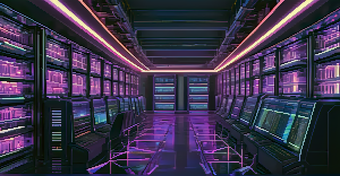 A futuristic cryptocurrency mining rig with glowing circuits and GPUs in a dimly lit room.