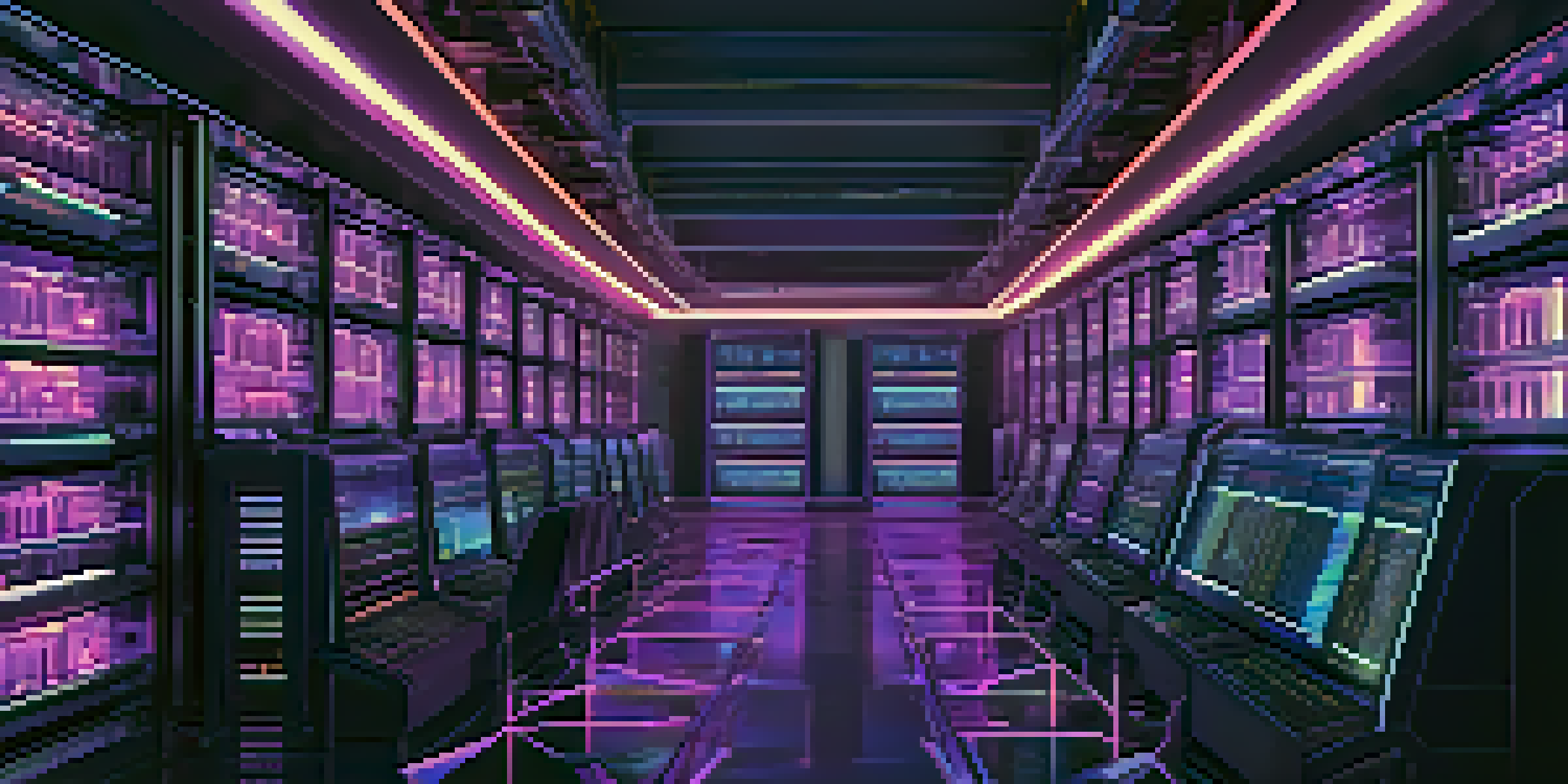 A futuristic cryptocurrency mining rig with glowing circuits and GPUs in a dimly lit room.