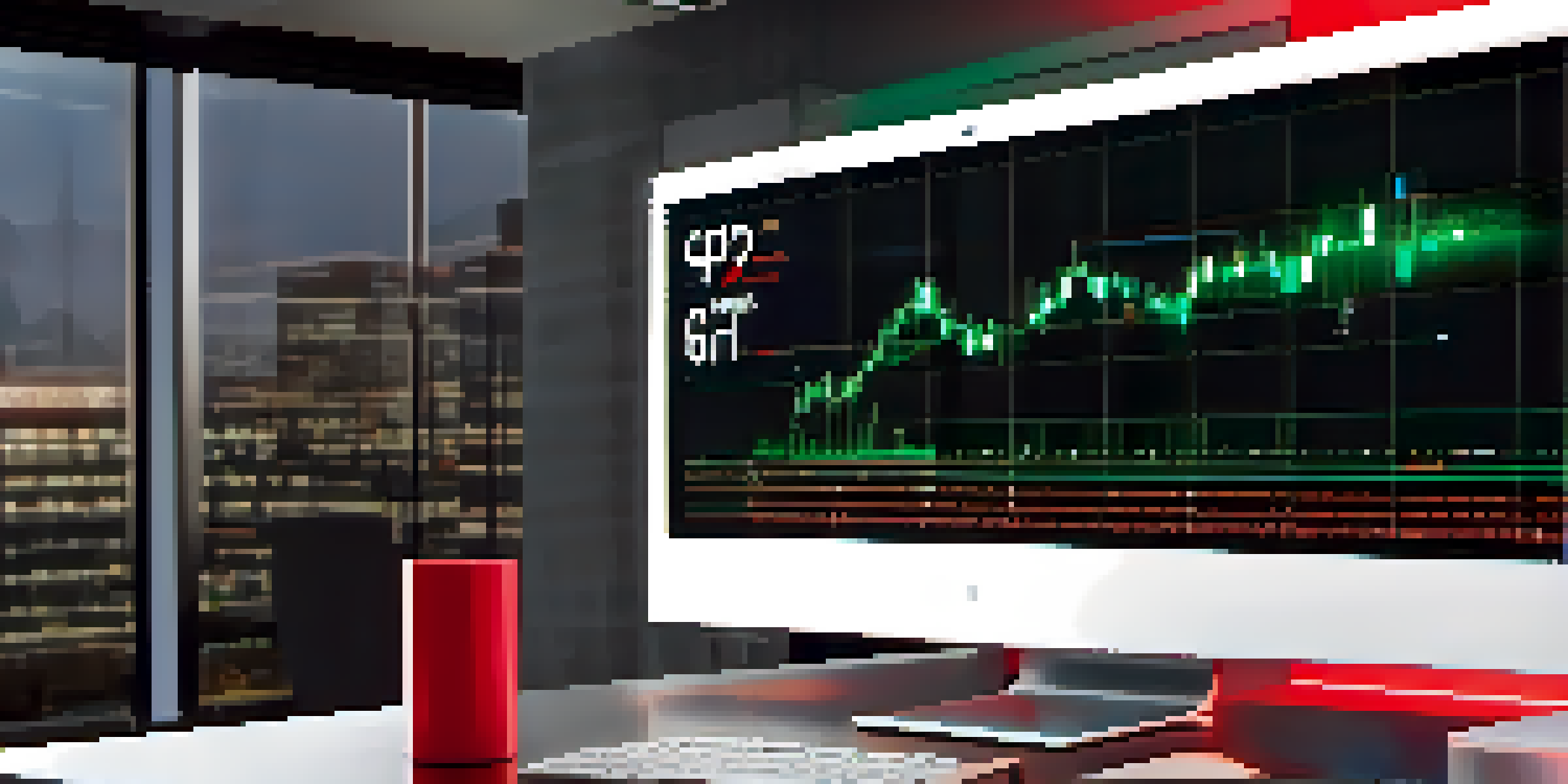 A digital display with fluctuating cryptocurrency prices represented by red and green candlestick charts in a modern office.