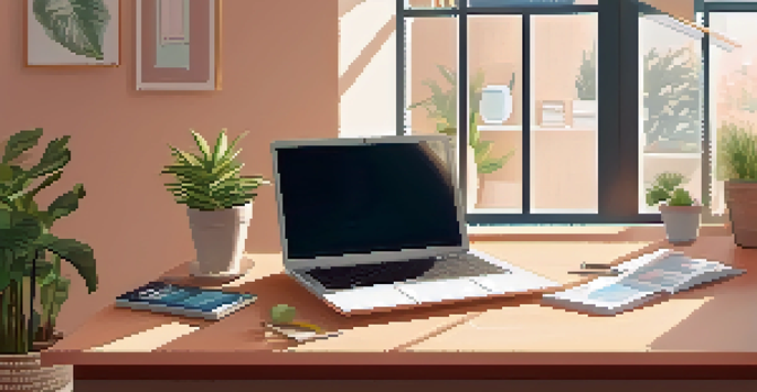 A cozy home office with a wooden desk, a laptop displaying financial information, and a potted plant in bright sunlight.