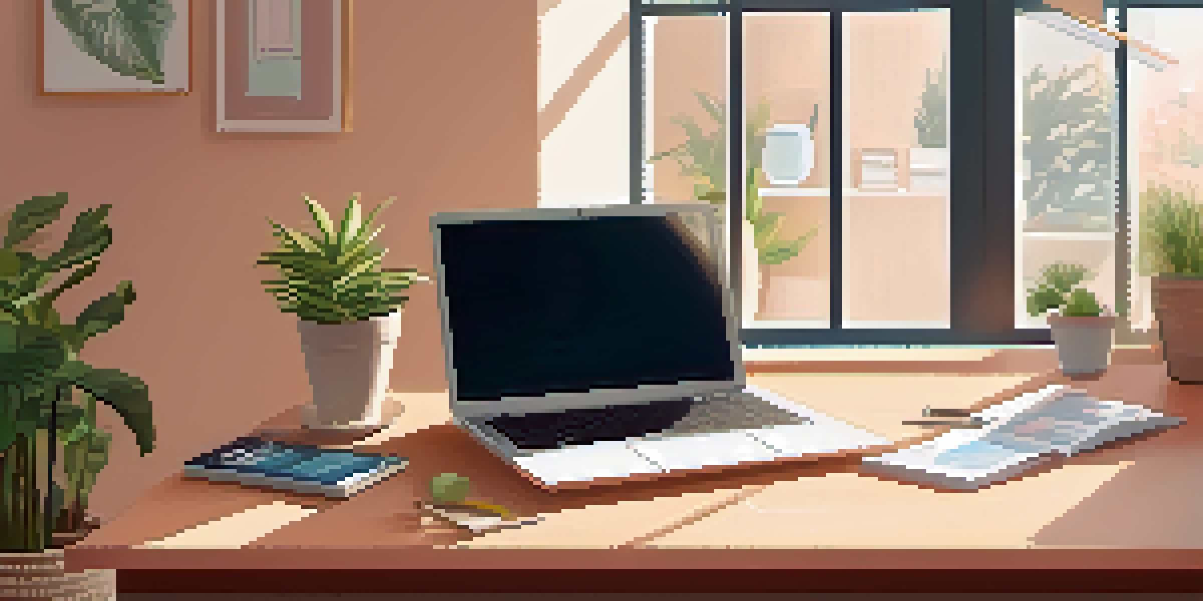 A cozy home office with a wooden desk, a laptop displaying financial information, and a potted plant in bright sunlight.