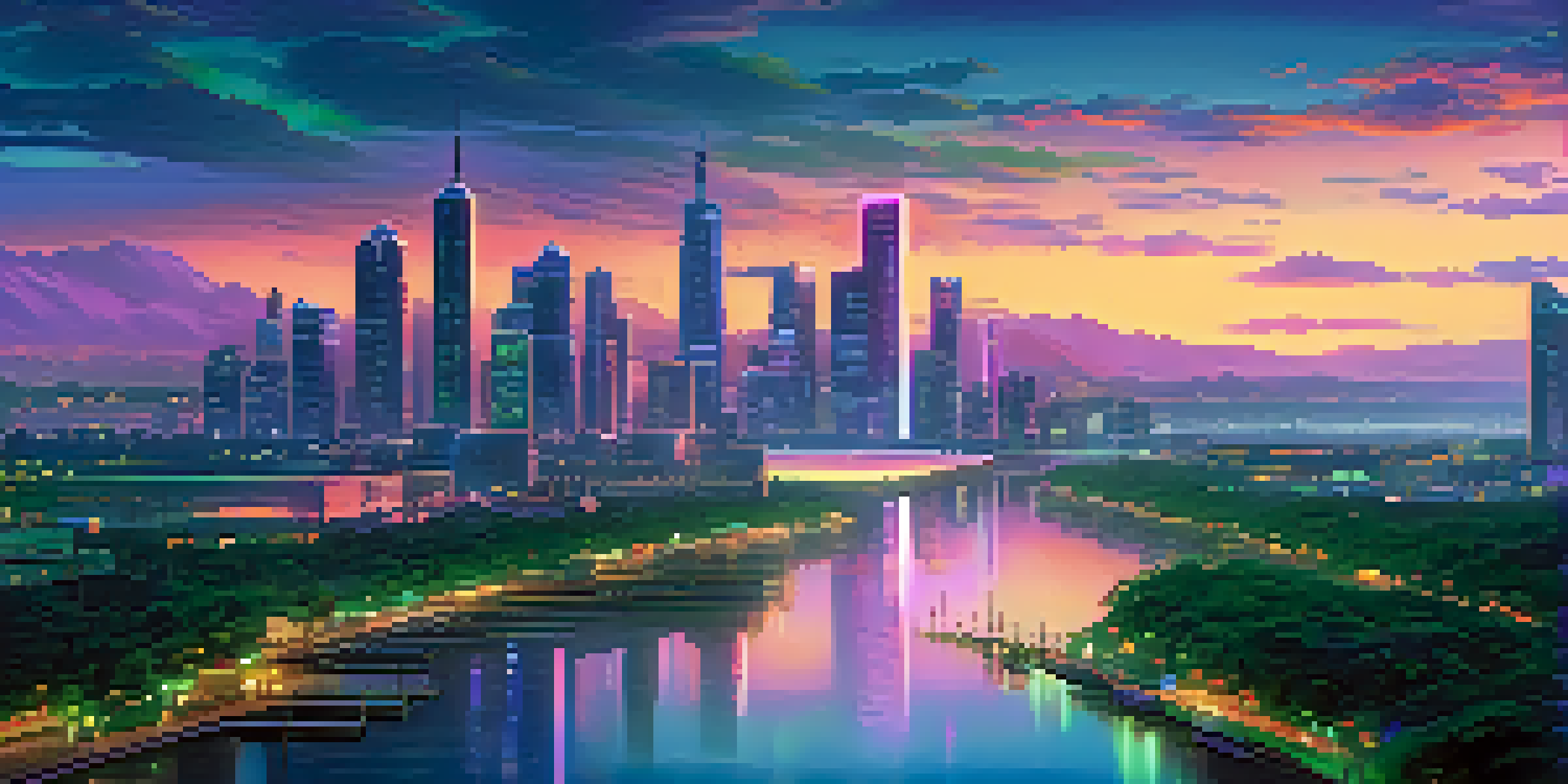 A futuristic city skyline at dusk with neon lights and a calm river reflecting the colors, surrounded by greenery.