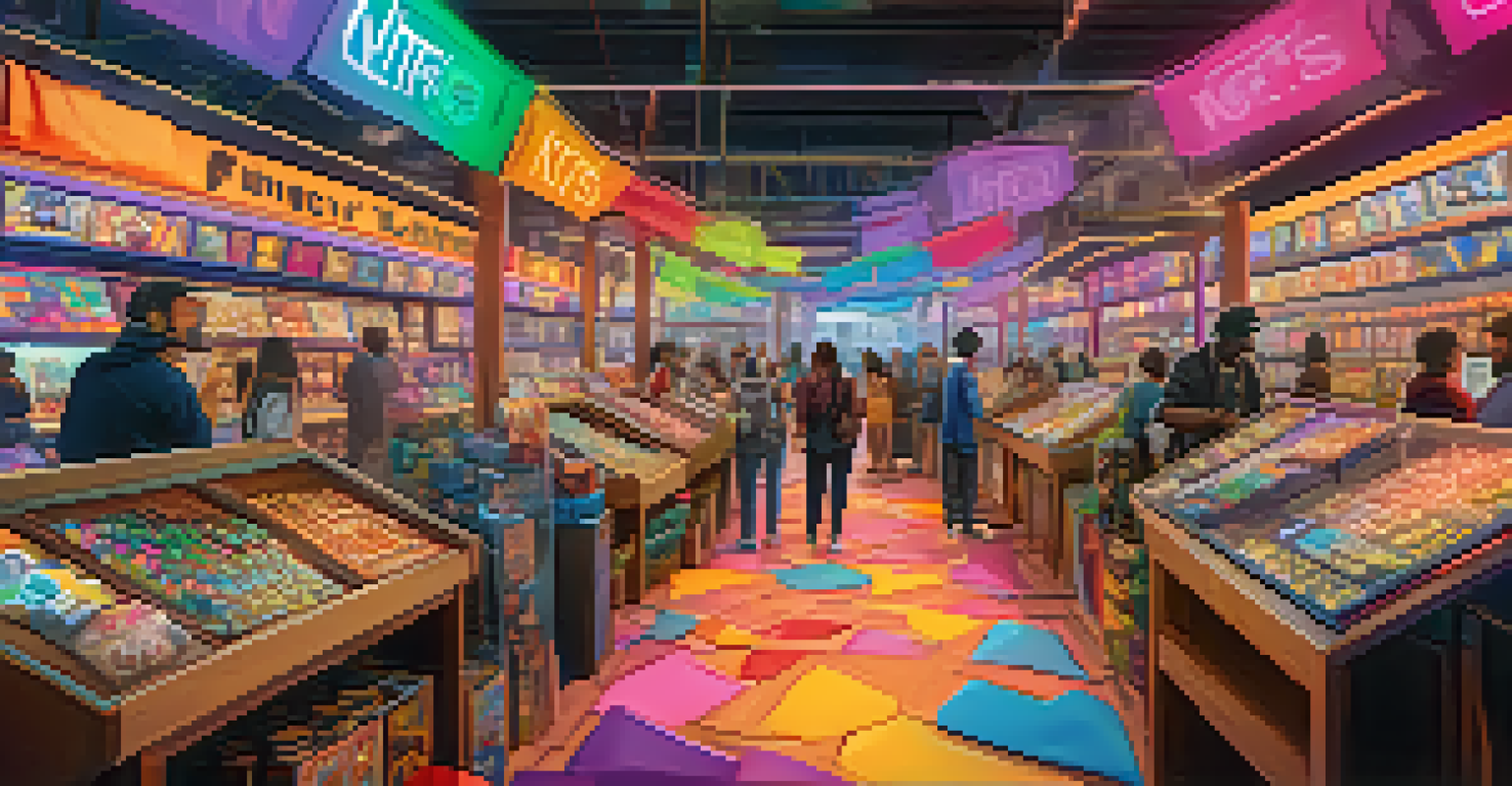 A player trading unique digital assets in a vibrant marketplace filled with various NFTs, highlighting the concept of digital collectibles.