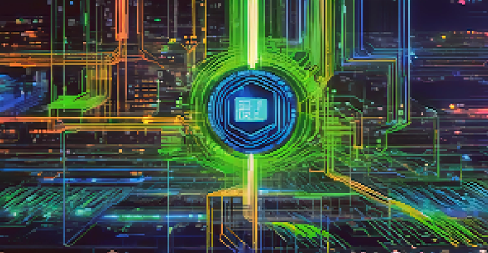 A close-up image of a digital ledger showing cryptocurrency transactions, with vibrant blockchain connections in a blurred industrial setting.