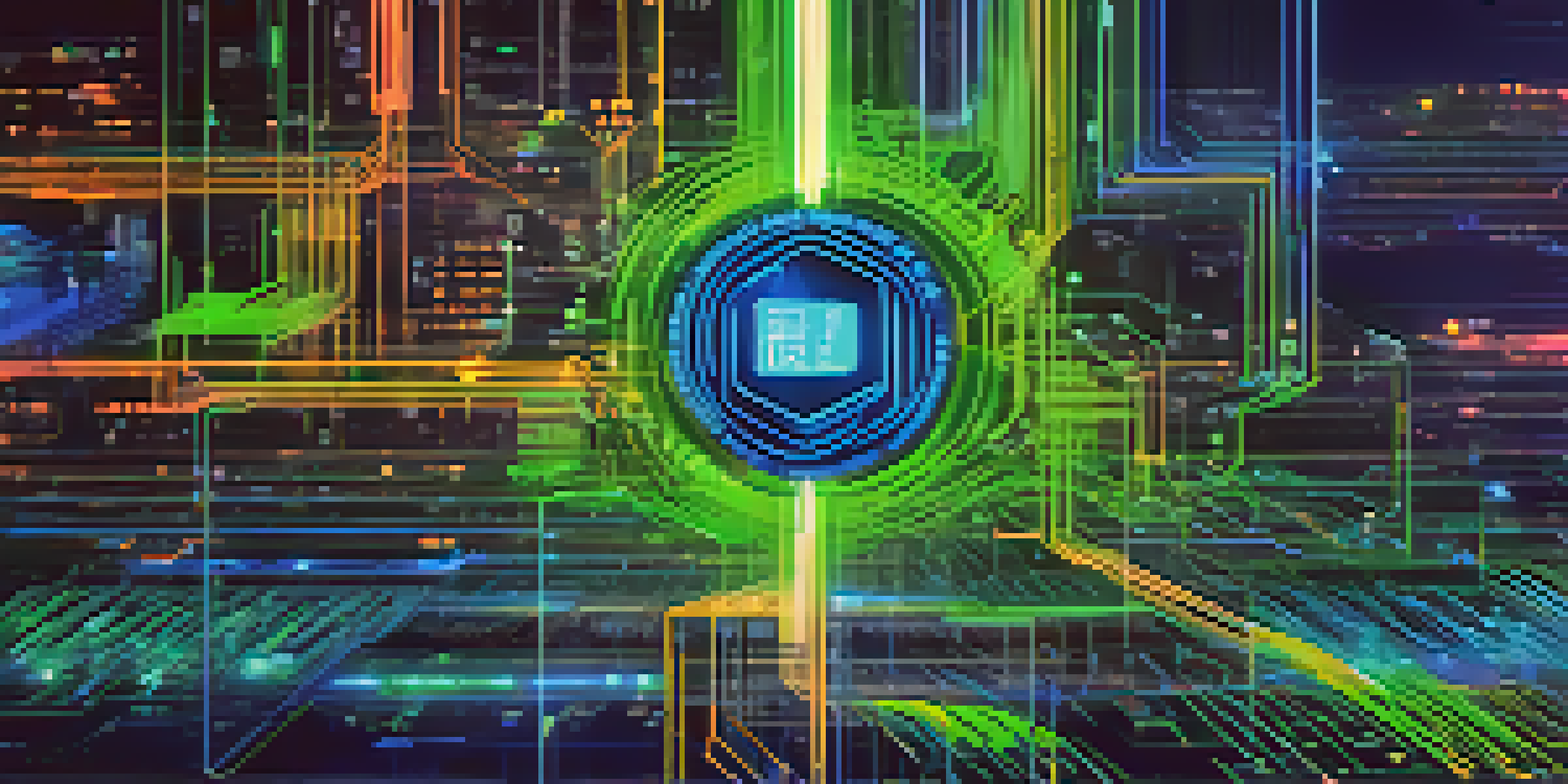 A close-up image of a digital ledger showing cryptocurrency transactions, with vibrant blockchain connections in a blurred industrial setting.