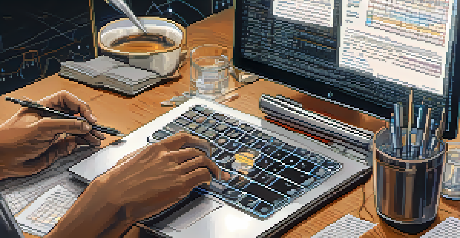 A close-up of hands typing on a laptop in a cozy setting, with notes and diagrams related to smart contracts nearby.