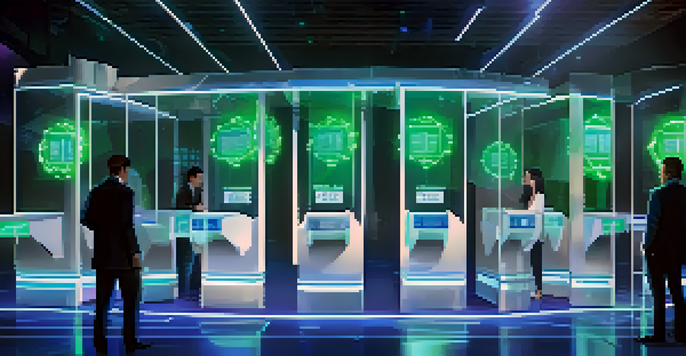 A modern voting booth with a digital touch screen displaying blockchain technology, surrounded by diverse voters in a brightly lit polling place.