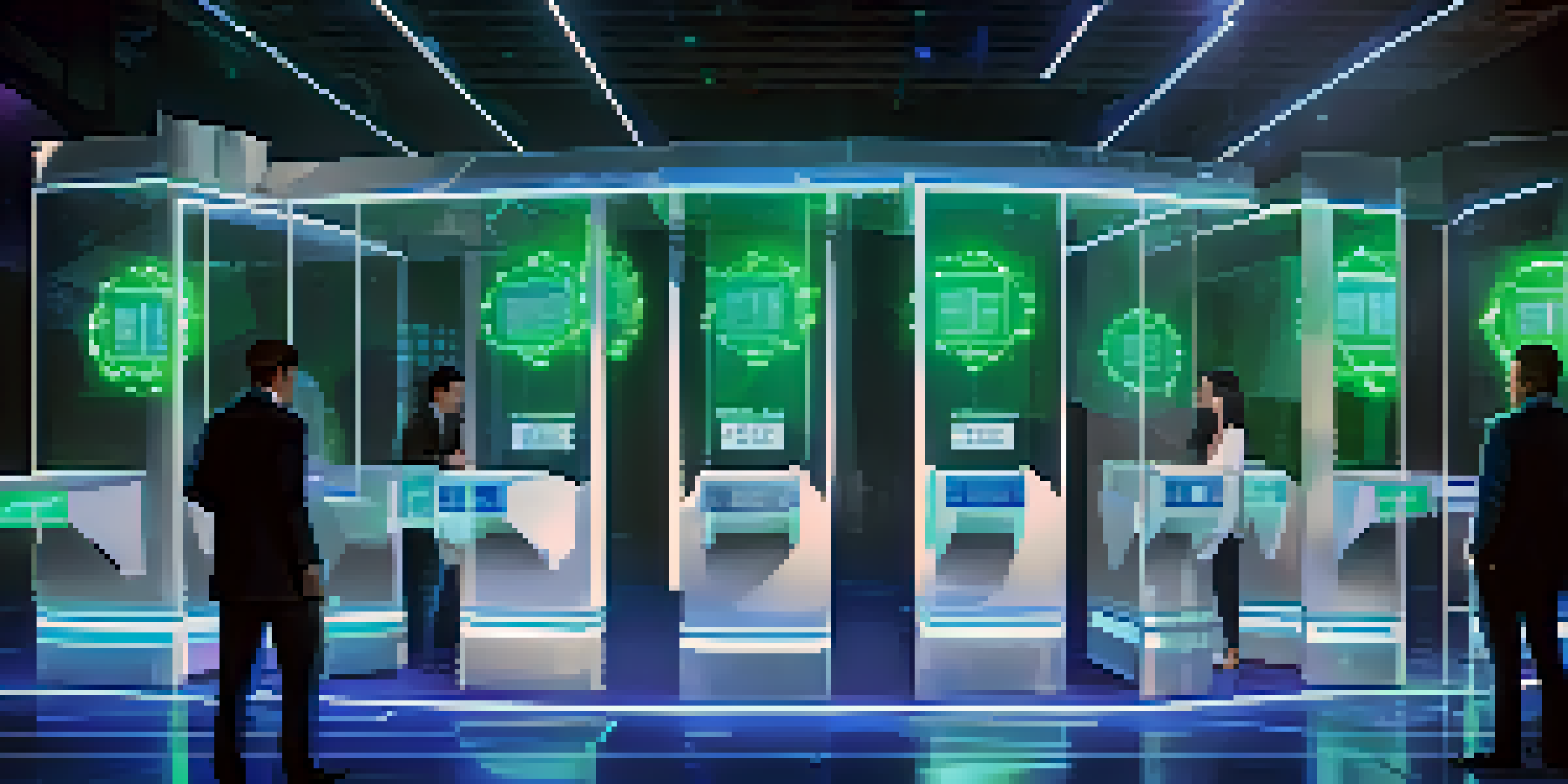 A modern voting booth with a digital touch screen displaying blockchain technology, surrounded by diverse voters in a brightly lit polling place.