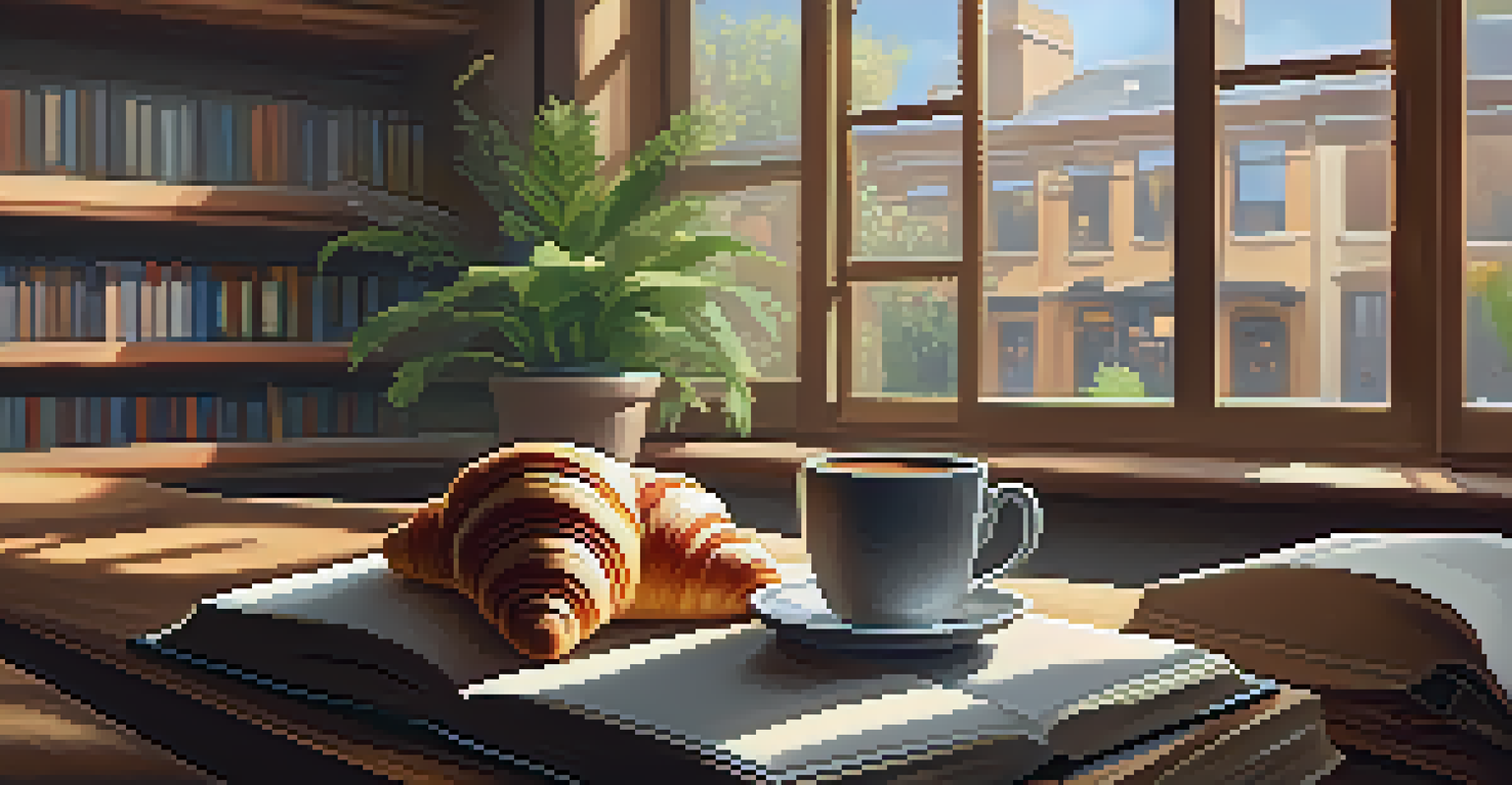 A cozy café table with a cup of coffee, a croissant, and an open book, illuminated by natural light from a window.