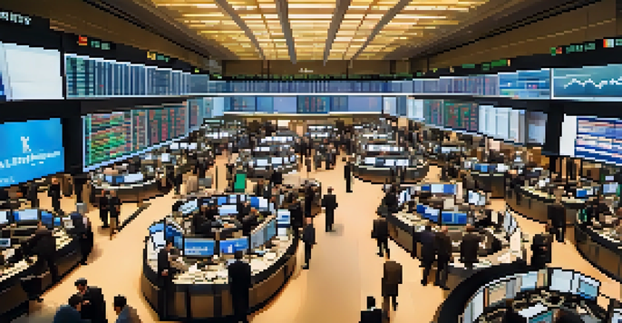 A busy stock exchange floor with diverse traders engaged in trading activities, surrounded by screens showing stock prices and graphs.