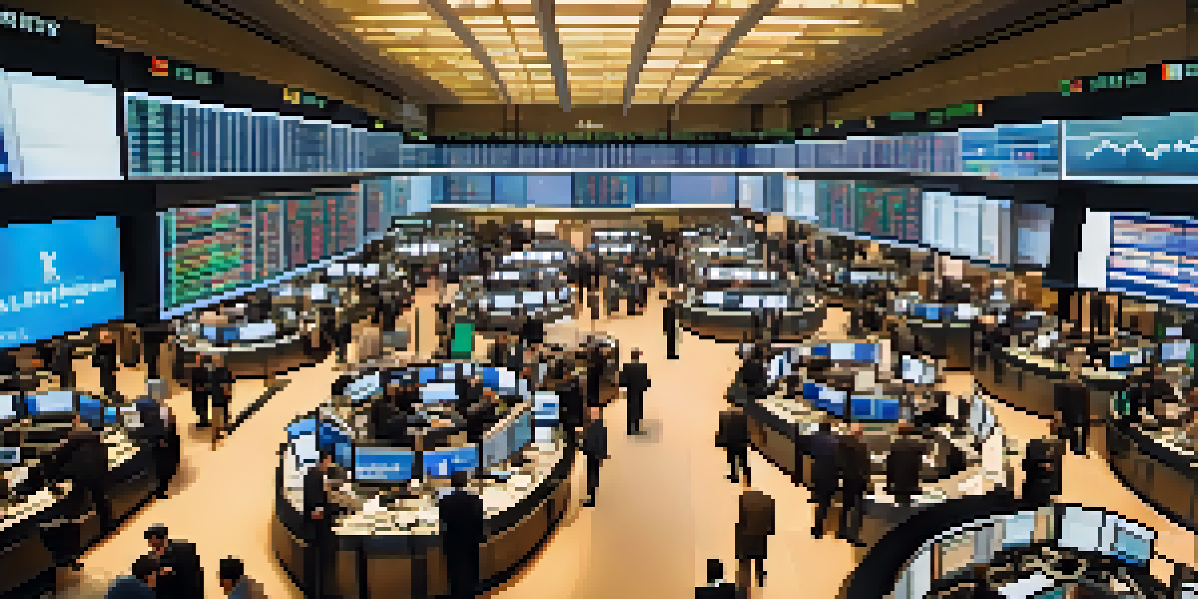 A busy stock exchange floor with diverse traders engaged in trading activities, surrounded by screens showing stock prices and graphs.