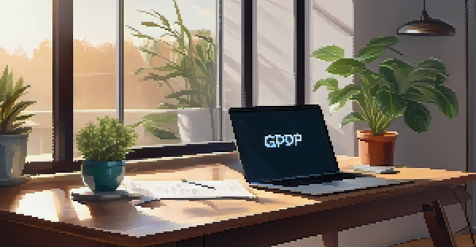 A modern office desk with a laptop showing a GDPR compliance checklist and a potted plant, illuminated by soft morning light.