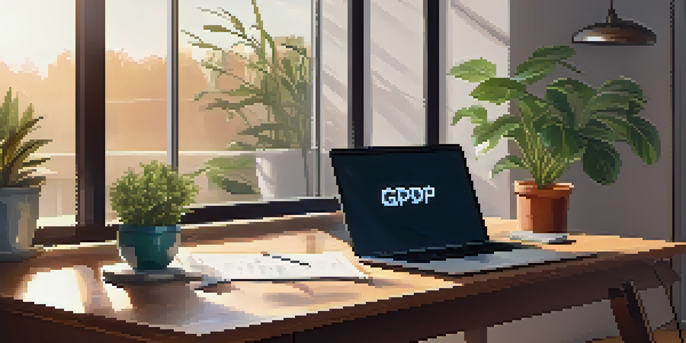 A modern office desk with a laptop showing a GDPR compliance checklist and a potted plant, illuminated by soft morning light.