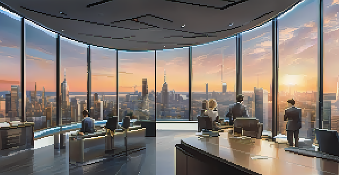 A modern hedge fund office with a city skyline view, showcasing professionals discussing cryptocurrency trading.