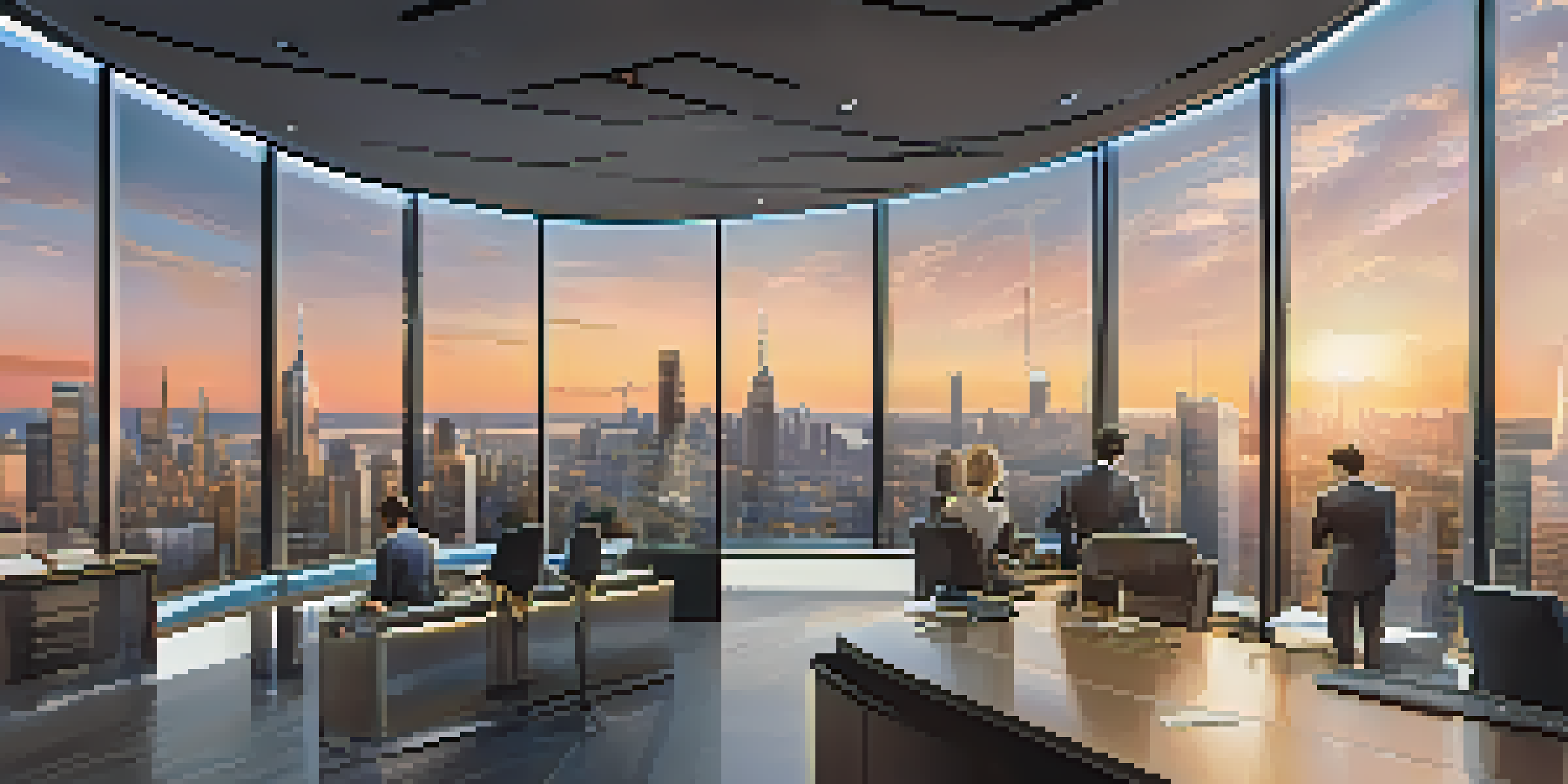 A modern hedge fund office with a city skyline view, showcasing professionals discussing cryptocurrency trading.