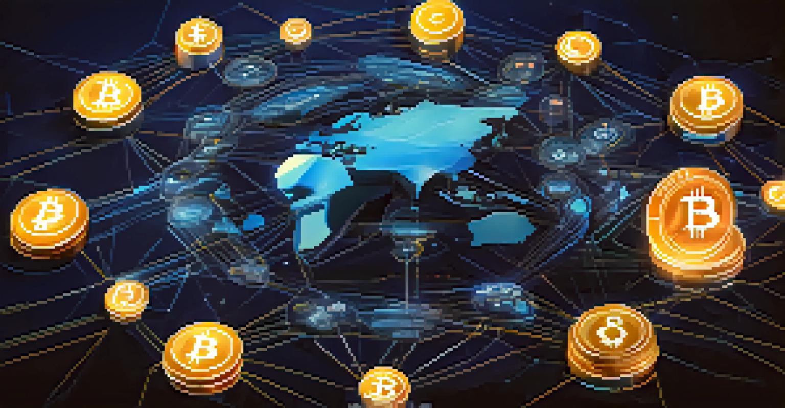 An abstract digital globe with blockchain elements and cryptocurrency icons, set against a dark blue gradient background.