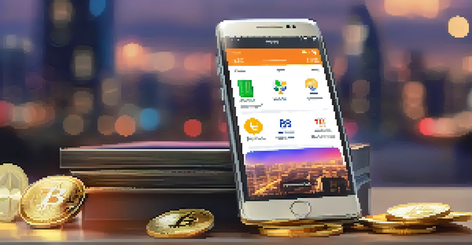 A smartphone showing a digital wallet app with various cryptocurrency coins in the foreground, against a blurred cityscape at dusk.