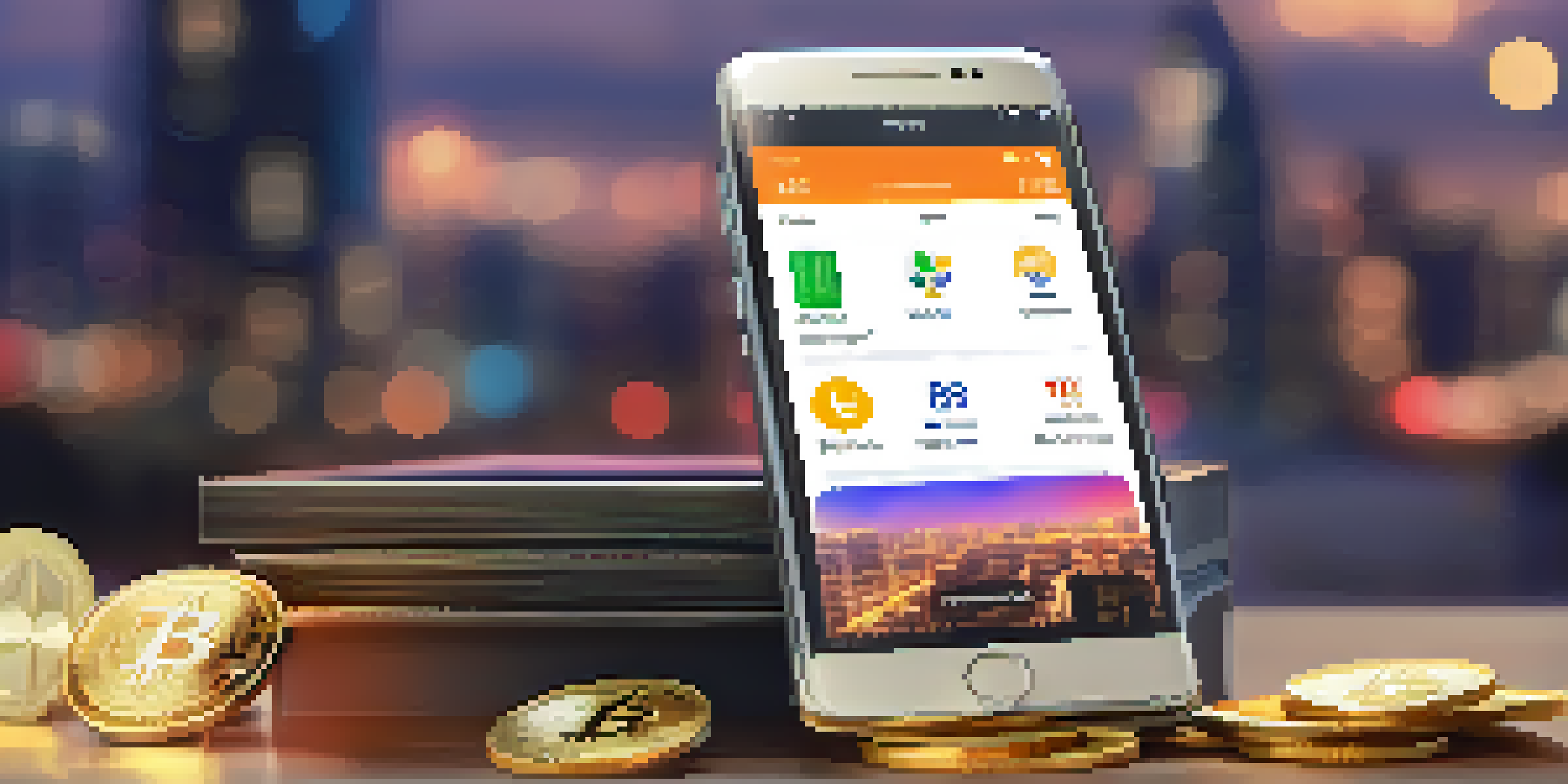 A smartphone showing a digital wallet app with various cryptocurrency coins in the foreground, against a blurred cityscape at dusk.