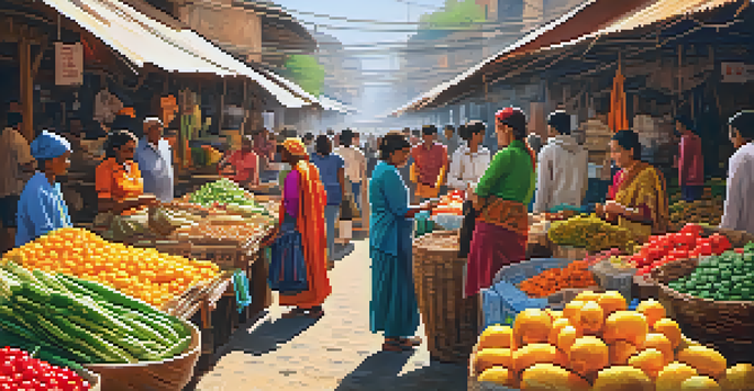 A lively market filled with colorful stalls, showcasing local goods, and a woman using her smartphone, symbolizing cryptocurrency remittances.