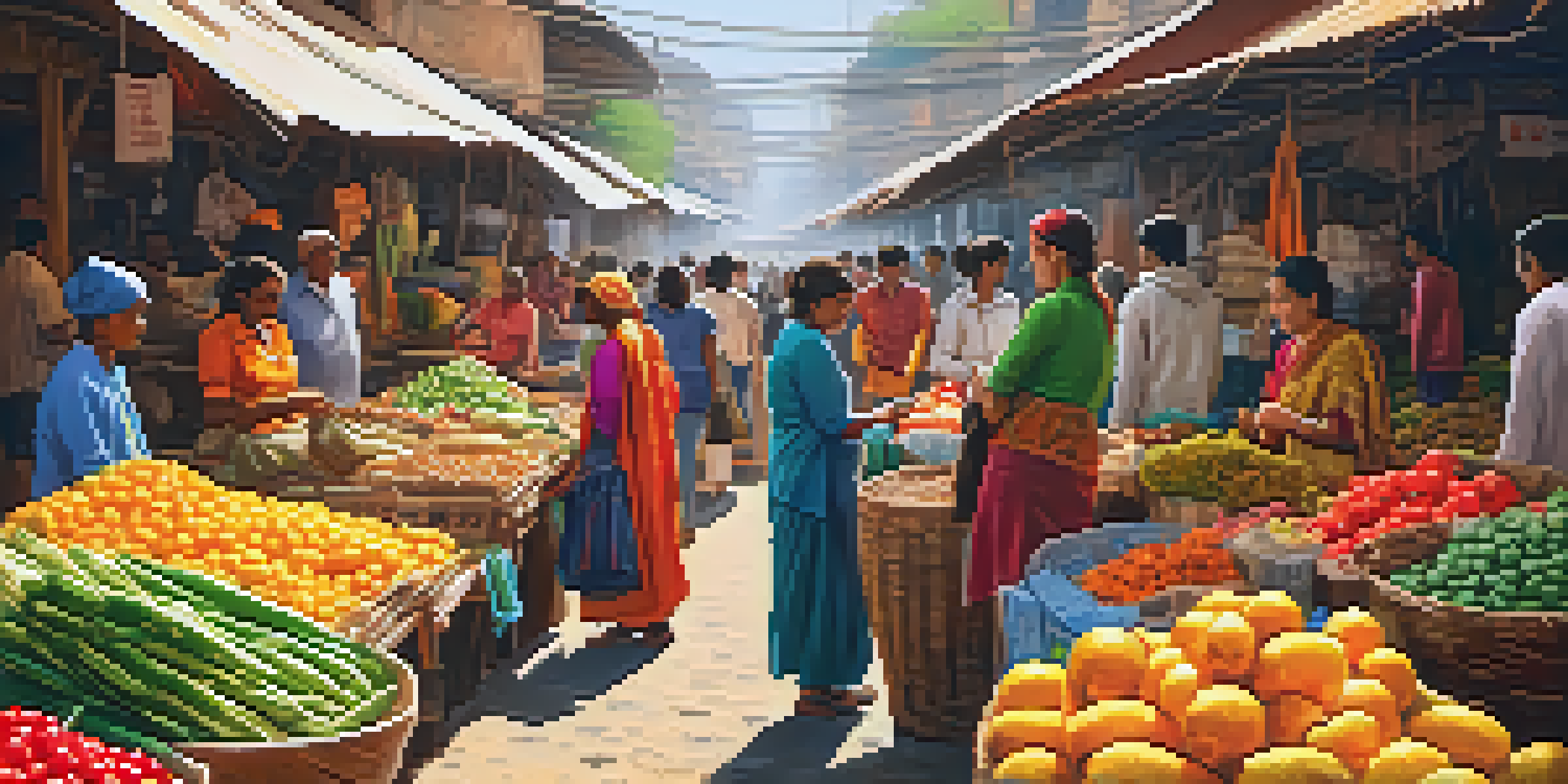 A lively market filled with colorful stalls, showcasing local goods, and a woman using her smartphone, symbolizing cryptocurrency remittances.