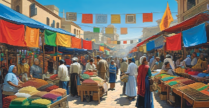 A vibrant marketplace with vendors and customers selling handmade crafts, showcasing a variety of colors and textures under a clear blue sky.