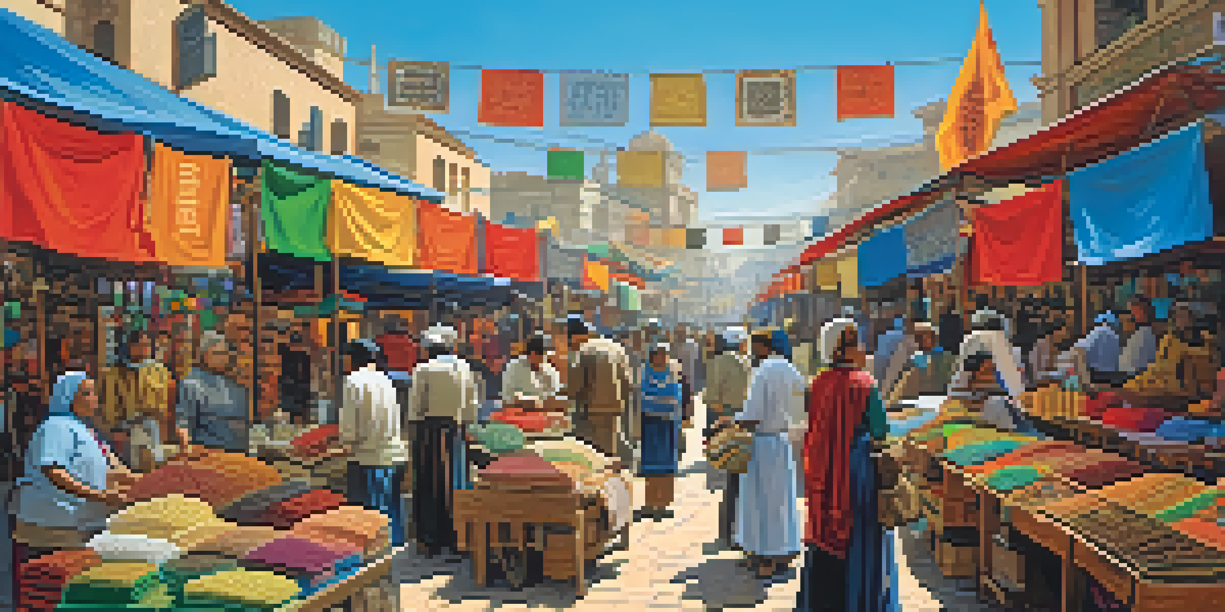 A vibrant marketplace with vendors and customers selling handmade crafts, showcasing a variety of colors and textures under a clear blue sky.