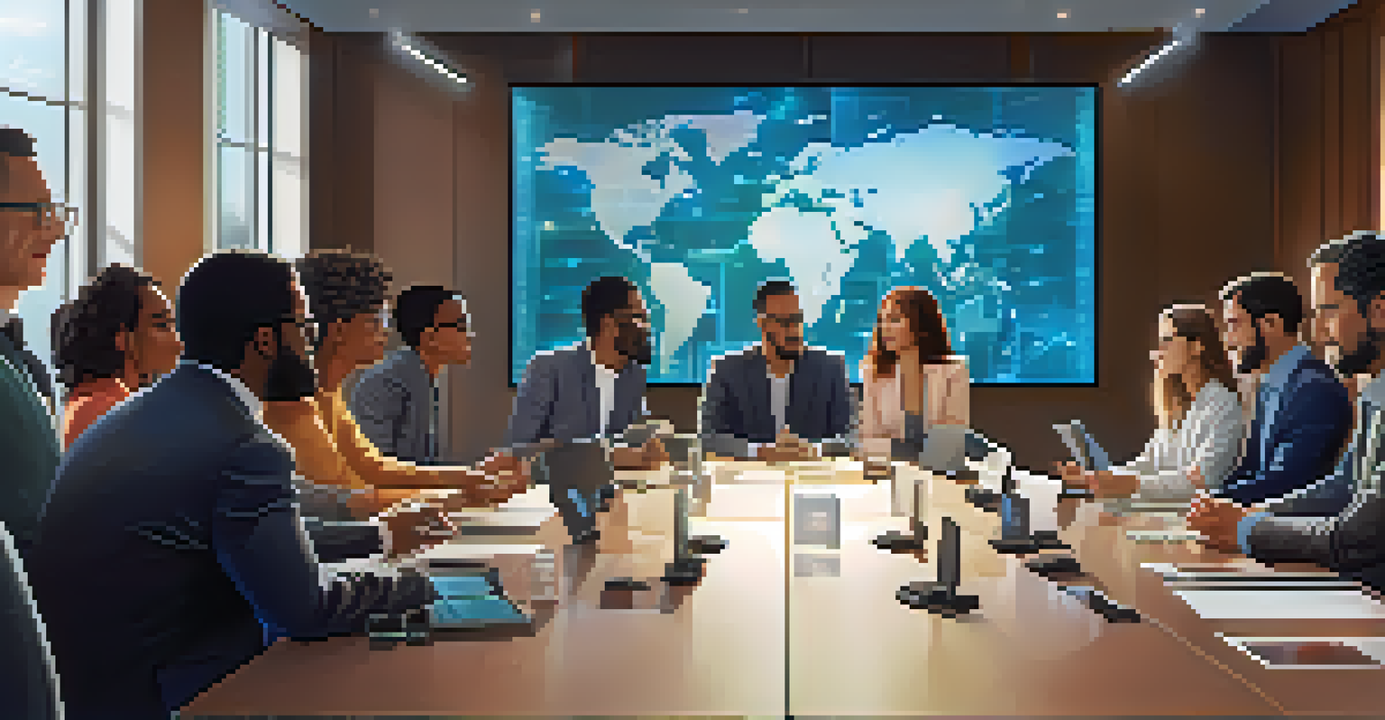 A modern conference room filled with diverse individuals discussing blockchain governance, surrounded by digital devices and screens showing metrics.