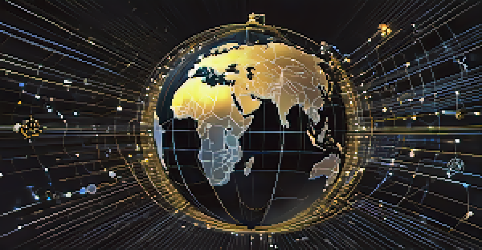 An abstract globe depicting interconnected lines and nodes, symbolizing global regulations for stablecoins against a dark background.