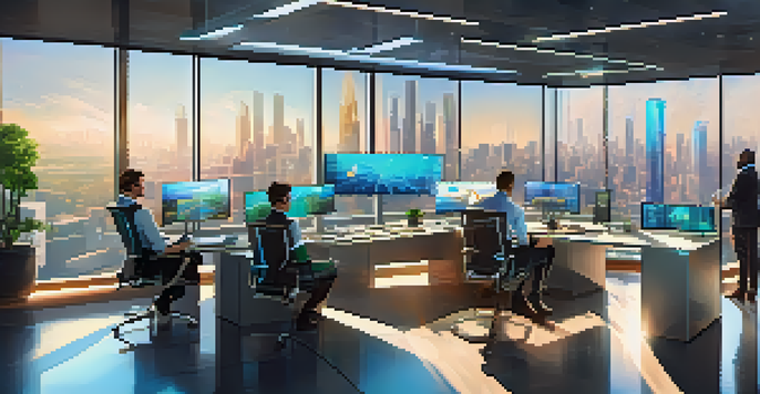 A modern bank office with holographic cryptocurrency charts and professionals discussing data in a bright city skyline.