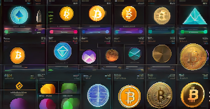 A screen showing a visually balanced cryptocurrency portfolio with vibrant colors on a dark background.