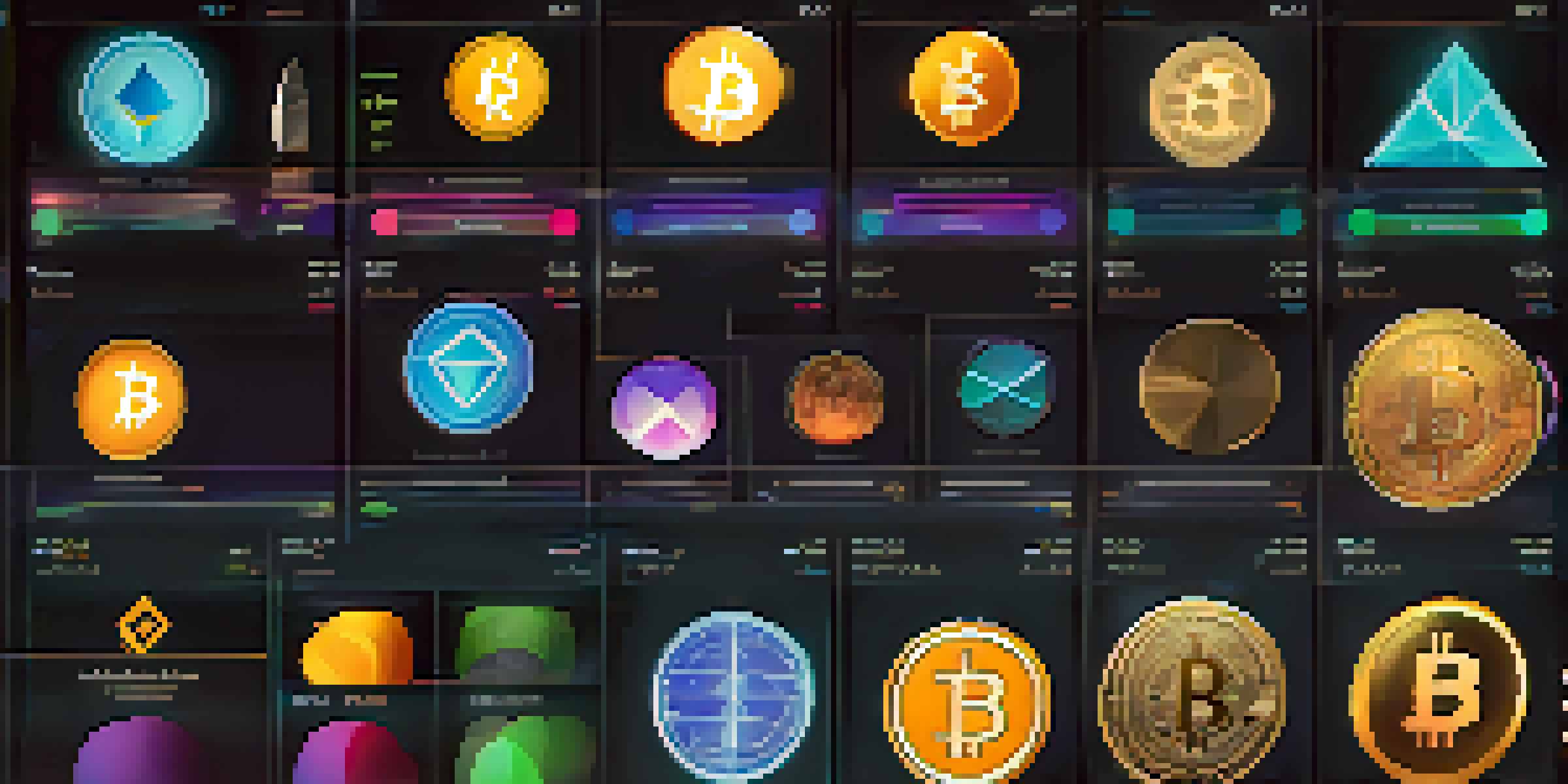 A screen showing a visually balanced cryptocurrency portfolio with vibrant colors on a dark background.