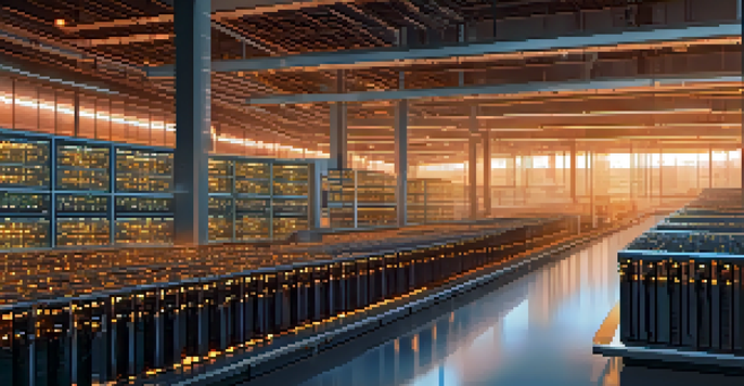 A cryptocurrency mining facility with advanced mining rigs, solar panels, and wind turbines, illuminated by LED lights.