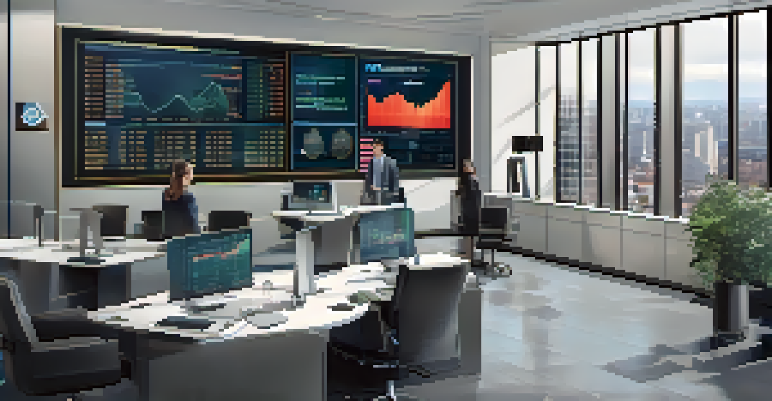 Interior of a central bank office with a digital display of transaction data and charts, showing central bankers in discussion.