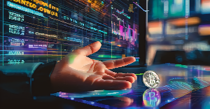 A close-up of a trader's hand using a holographic interface to analyze cryptocurrency trends and sentiments.