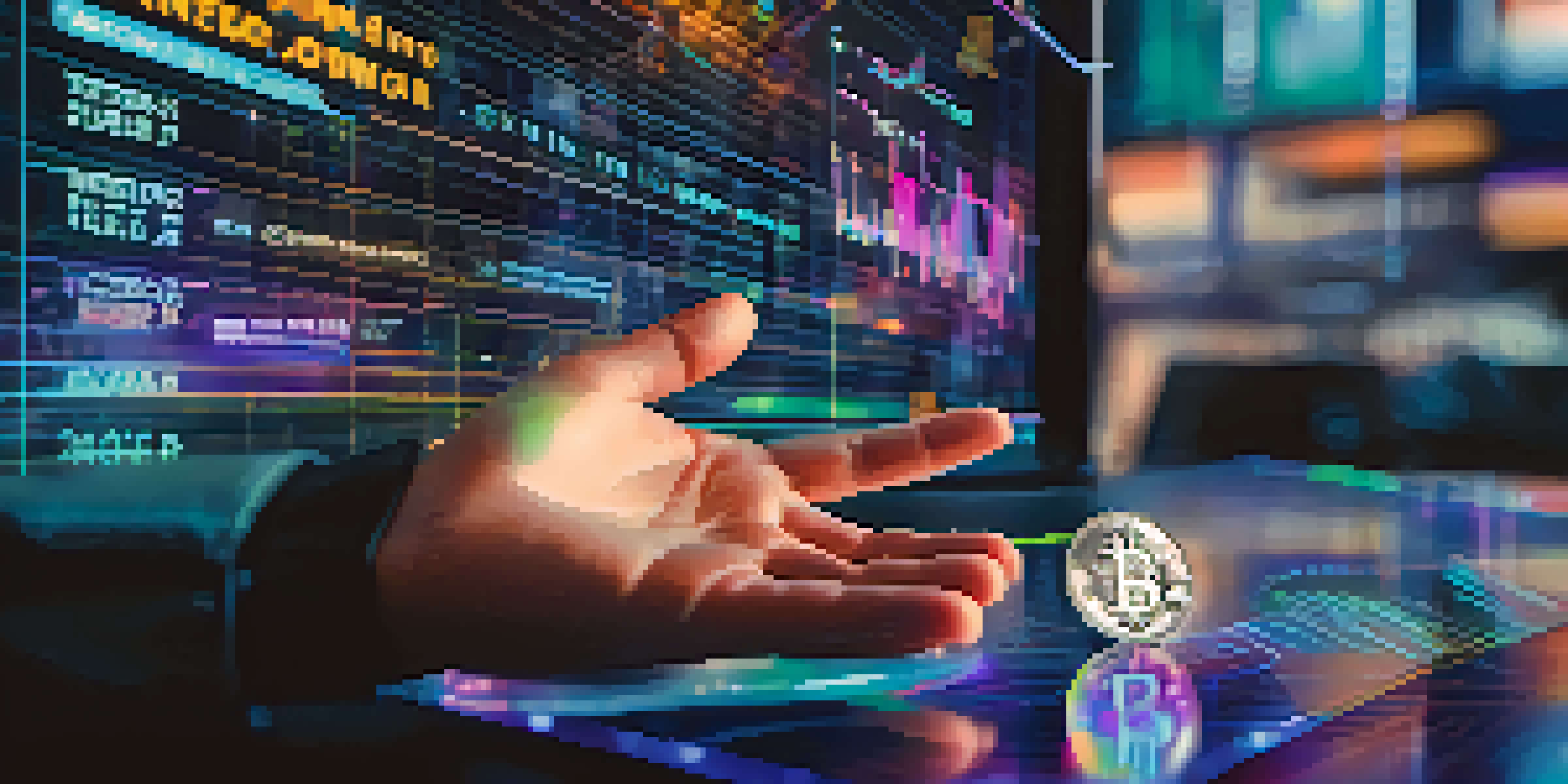 A close-up of a trader's hand using a holographic interface to analyze cryptocurrency trends and sentiments.