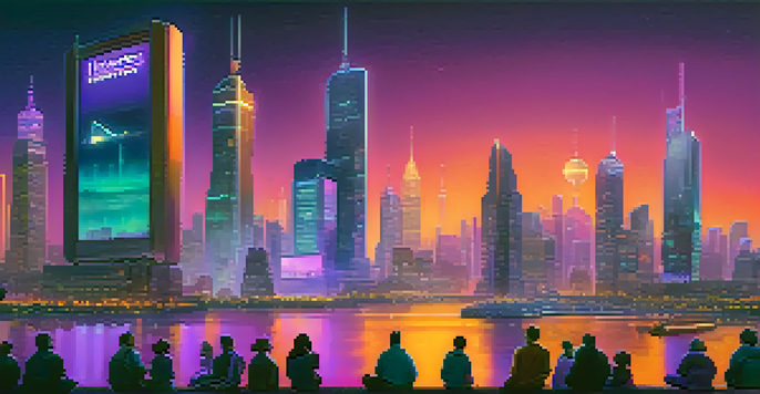 A futuristic city skyline with neon lights and diverse people gathered around a holographic display of cryptocurrency tokens.