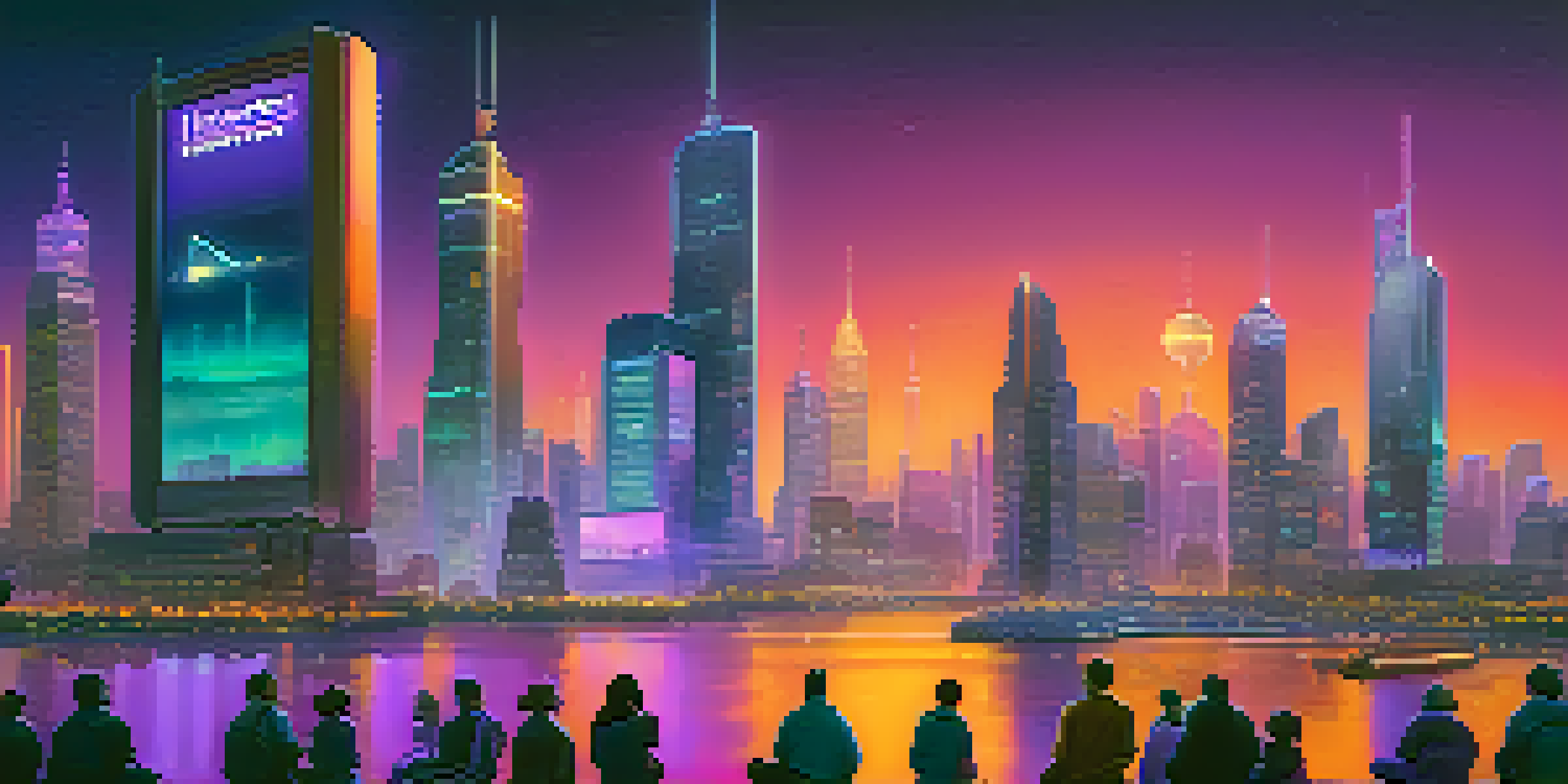 A futuristic city skyline with neon lights and diverse people gathered around a holographic display of cryptocurrency tokens.