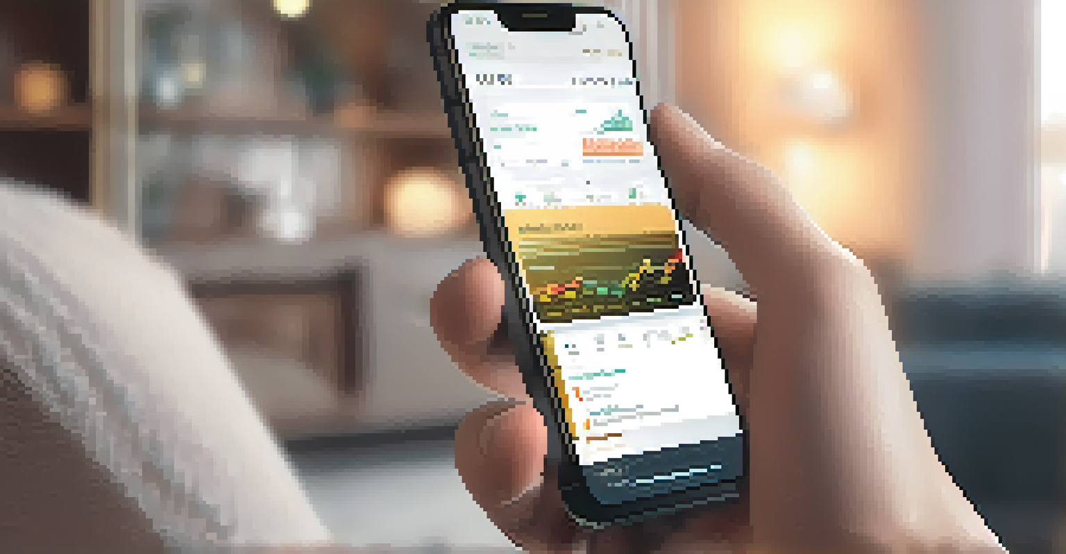 Close-up of hands holding a smartphone showing staking rewards with a cozy living room background.